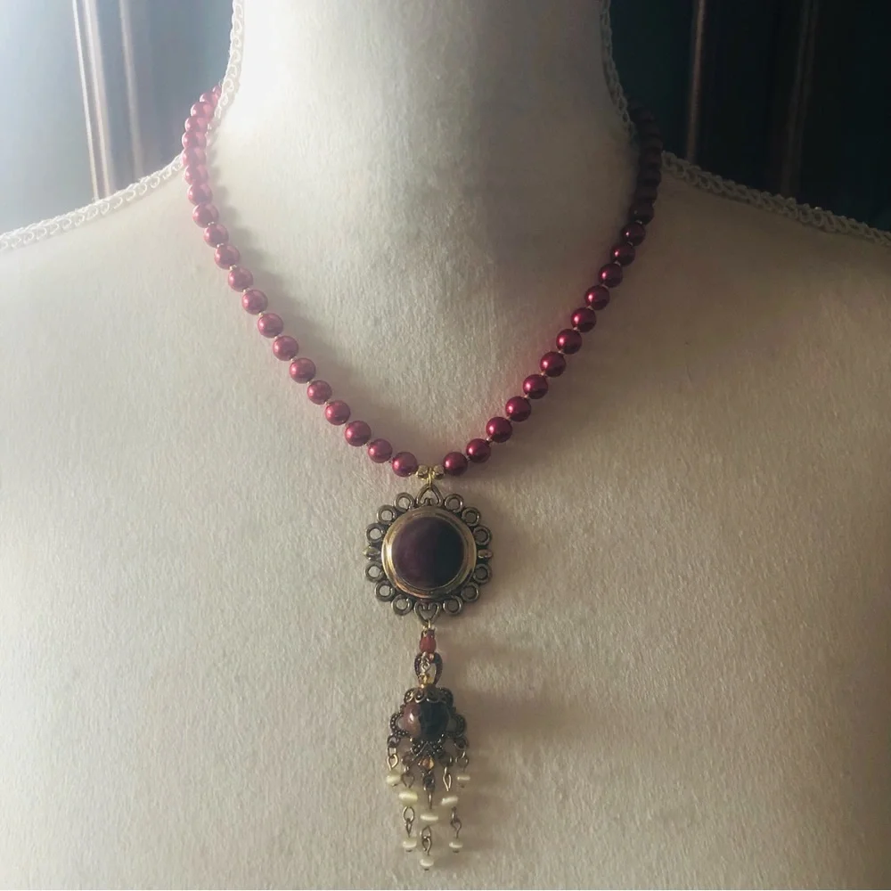 Handcrafted repurpose enamel sunburst chandelier Czech glass Pearl necklace